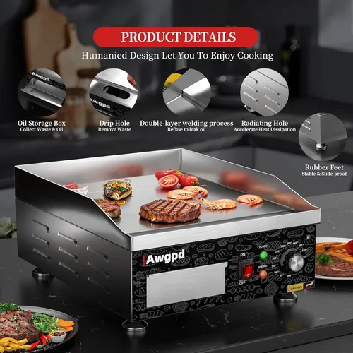 Miniatura 3 de Plancha eléctrica comercial de 14 pulgadas, plancha eléctrica de encimera plana, parrilla eléctrica superior plana de 110 V 1800 W, parrilla