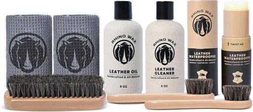 Rhino Wax - Kit completo de limpieza y acondicionamiento de cuero (aceite + acondicionador + limpiador + cera impermeabilizante + cepillos + paños)