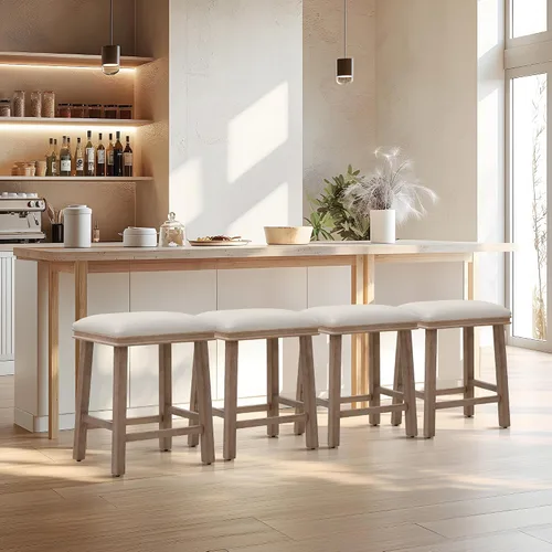 Miniatura 8 de Taburete de bar gris de madera maciza para encimera de cocina, taburete de bar con asiento de cuero sintético, taburete tapizado para isla de 34 a