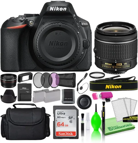 Nikon D5600 - Cámara digital DSLR de 24.2 MP con lente de 0.709-2.165 in (1576) kit con tarjeta Ultra SD de 64 GB + bolsa grande para cámara + kit
