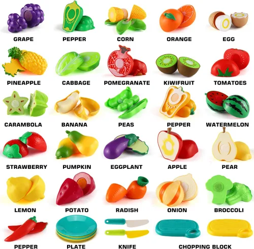 Miniatura 2 de LESUTER TOYS - 70 piezas de juguete de corte para la cocina de niños, accesorios de frutas y verduras imaginarias con cesta de almacenamiento