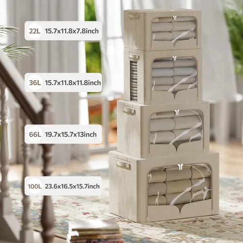 Miniatura 6 de FHSQX Paquete de 3 contenedores de almacenamiento de ropa plegables con marco de metal, caja de almacenamiento apilable, organizador de tela de lino