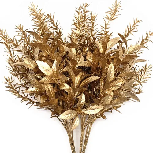 Miniatura 36 de CATTREE Plantas artificiales para decoración de Navidad, hierba de plástico dorado, hojas falsas, arbustos de simulación para interiores y Hojas