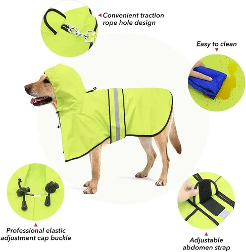 Miniatura 2 de Impermeable reflectante para perros – Impermeable ajustable para perros, impermeable ligero con capucha para perro, poncho chubasquero, chaqueta