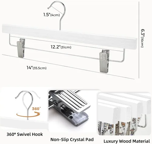 Miniatura 2 de HOUSE DAY Paquete de 25 perchas de madera de alta calidad para pantalones, perchas de falda de madera de loto maciza con 2 clips ajustables, Blanco