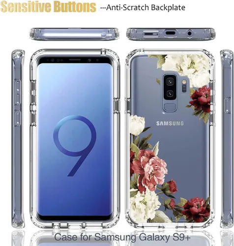 Miniatura 5 de Funda protectora para Samsung Galaxy S9+ G965U con protector de pantalla de vidrio templado, lindo patrón floral transparente de cuerpo completo