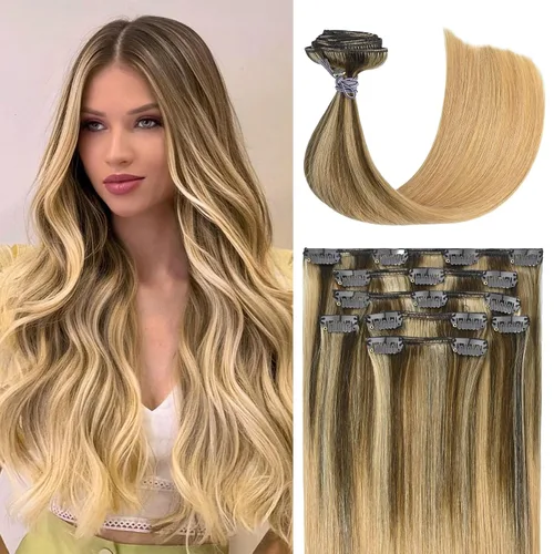 Miniatura 19 de Honsoo Extensiones de cabello humano real de color marrón con pinzas, marrón castaño, 15 pulgadas, 70 g, 7 unidades, cabello lacio sedoso y marrón