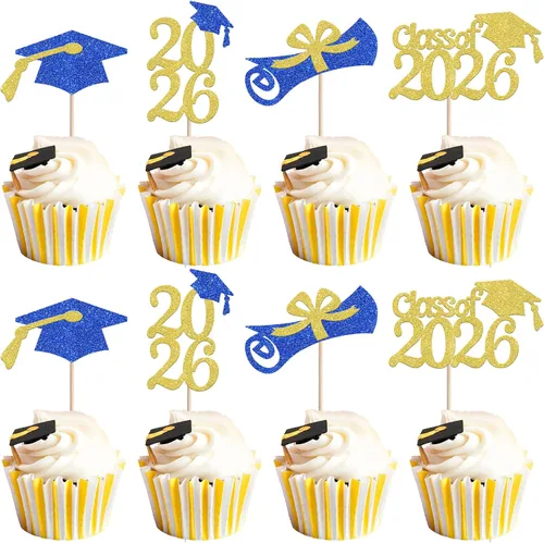 Miniatura 51 de Rsstarxi Paquete de 24 adornos para cupcakes de graduación 2026, con purpurina azul, para la clase de 2026, para diplomas, 24 piezas (6 diseños)