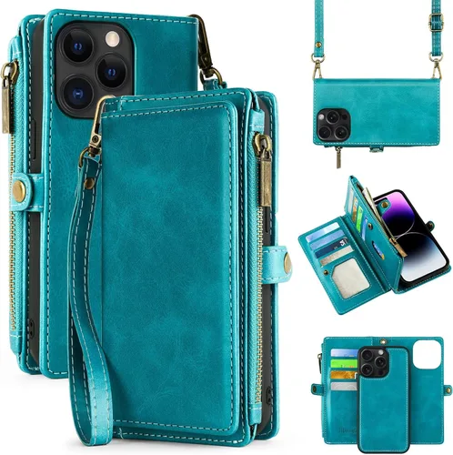 Funda tipo cartera para iPhone 13 Pro Max, funda magnética desmontable de piel sintética con bloqueo RFID, con correa para mujeres y hombres. Negro