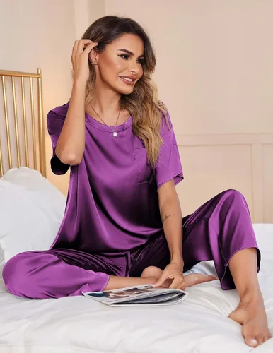Miniatura 4 de Ekouaer Conjunto de pijama sedoso de satén para mujer, camisa de manga corta con pantalón largo de pijama, conjunto de pijama suave