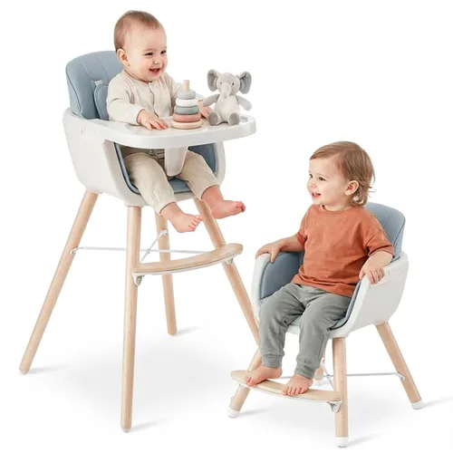 Miniatura 11 de Mallify Silla alta de madera 3 en 1, sillas altas convertibles para bebés y niños pequeños, silla alta para bebé con patas ajustables y bandeja apta