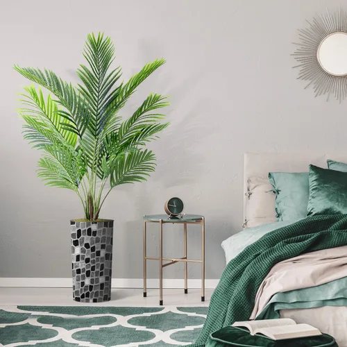 Miniatura 5 de Árbol artificial en macetero moderno con patrón geométrico, palmeras tropicales areca falsas de seda para decoración del hogar en interiores