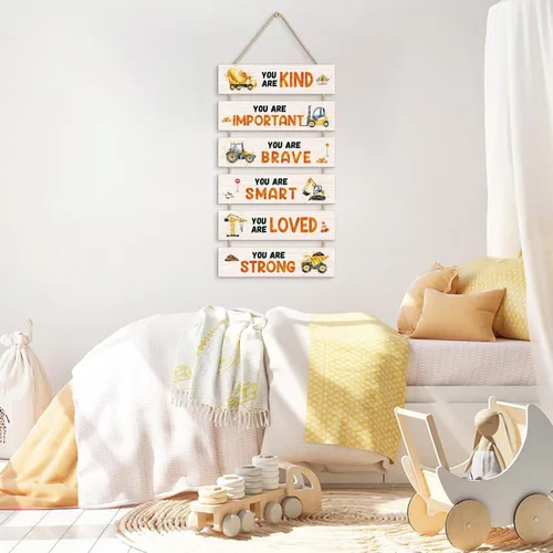 Miniatura 6 de HPNIUB Decoración de habitación de camiones de construcción para niños, con citas inspiradoras positivas, letrero de placa colgante, letrero