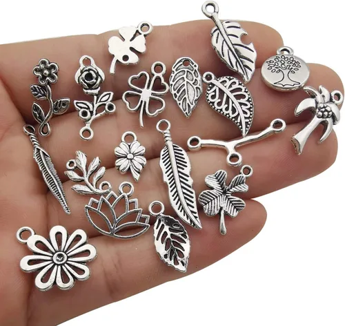 Miniatura 2 de Youdiyla Colección de 100 dijes de flores de árbol de plata, mini dijes pequeños de metal, suministros para manualidades para collar y pulsera
