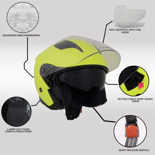 Miniatura 2 de Milwaukee Helmets MPH9823DOT 'Shift' - Casco de cara abierta 3/4 amarillo neón para hombres y mujeres con visera tintada desplegable