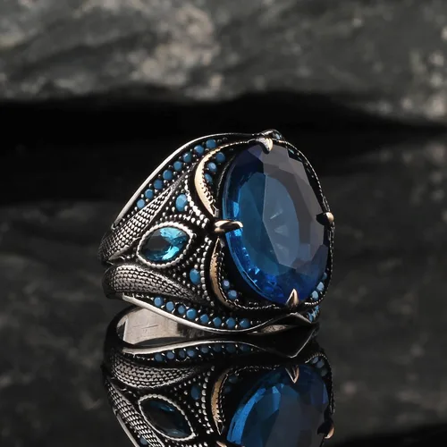 Miniatura 5 de BayVog 925 Sterling Silver Men's Ring, Blue Topaz Gem Stone Men Silver Ring, Handmade Zircon Stone Silver Ring for Men, Blue Stone Silver Ring gifts