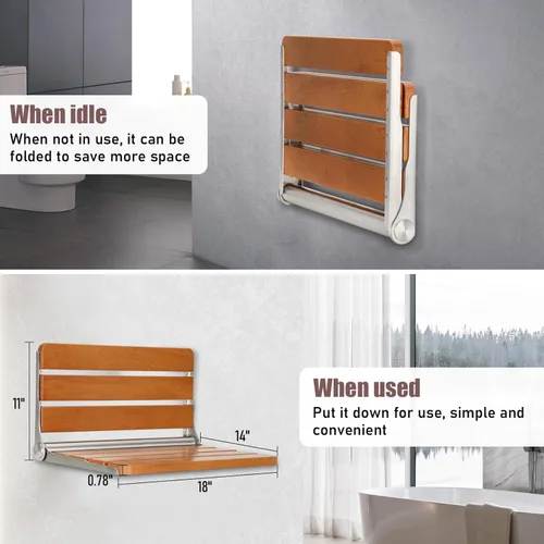 Miniatura 6 de Asiento de ducha plegable de teca, montado en la pared, banco plegable para espacios pequeños, carga máxima de 380 libras