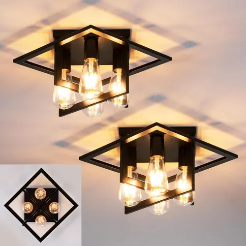 Miniatura 10 de Lámpara de techo semiempotrada, lámpara de techo industrial de 4 luces con marco negro y detalle de grano de madera, iluminación de granja cerca