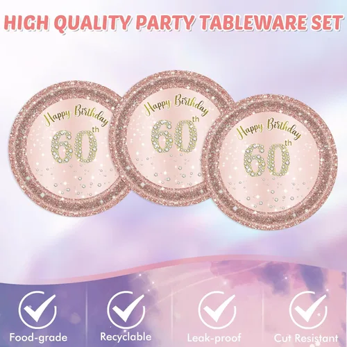 Miniatura 4 de 41 piezas de decoración de cumpleaños número 60 para mujeres, oro rosa, suministros de cumpleaños de sesenta años, platos, servilletas, mantel, 60