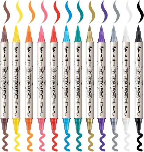 Miniatura 7 de TRANSON Juego de rotuladores de pintura acrílica de doble punta de 12 colores para lienzo de madera, madera, cuero, cerámica, pintura de bricolaje