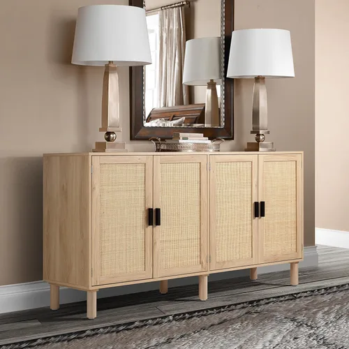Miniatura 2 de Finnhomy Aparador Buffet de 4 Puertas, Gabinete de Almacenamiento de Cocina con Puertas Decoradas de Ratán, Mesa Consola de Alacena, Gabinete