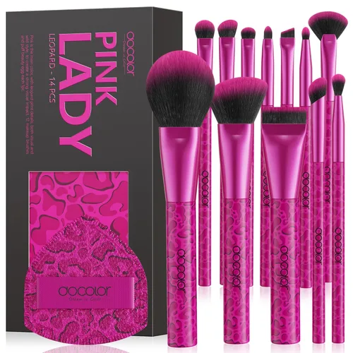 docolor Brochas de Maquillaje 12PCS Juego de Brochas de Maquillaje de Leopardo Rosa Sintético Premium Base Polvo Correctores Sombra de Ojos Rubor