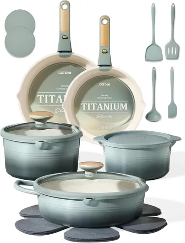 CAROTE Juego de utensilios de cocina de titanio de 17 piezas, juego de ollas y sartenes antiadherentes, juego de cocina de cocina con mango