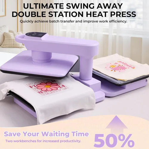 Miniatura 3 de Máquina de prensa de calor automática de doble banco de trabajo, 360° Swing Away 15x15 prensa inteligente para camisetas con liberación automática
