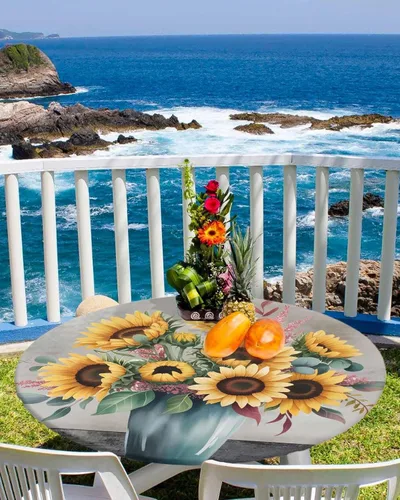 Miniatura 7 de SEVENBABU Mantel redondo de 36 a 44 pulgadas, mantel redondo de vinilo ajustable con borde elástico para fiestas al aire libre, mantel de vinilo