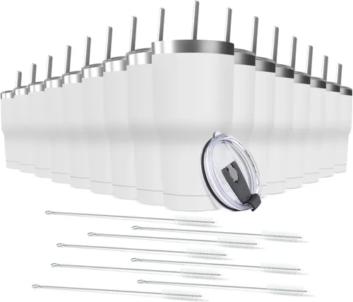 Miniatura 24 de Taza de viaje de acero inoxidable de 30 onzas con tapa, paquete de 6 vasos de doble pared aislados al vacío a granel con 6 pajitas, taza de café
