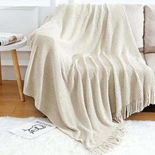Miniatura 22 de Blagic Manta de punto para sofá, manta suave de estilo bohemio para otoño con borlas, manta ligera decorativa para el hogar, manta beige para cama