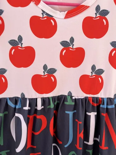 Miniatura 16 de Vestidos de regreso a la escuela para niñas pequeñas: manzana, lápices, ratón de biblioteca, autobús escolar, pegamento, telurión, pizarra arcoíris