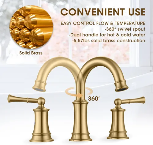 Miniatura 3 de Grifo de baño de oro cepillado de 8 pulgadas, construcción de latón sólido, grifo de baño dorado de 3 orificios con desagüe emergente y 2 mangueras