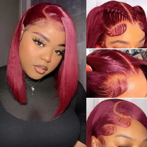 Superfect Peluca de cabello humano color borgoña estilo Bob 99J con encaje frontal de 13 x 4, pelucas de cabello humano prearrancado de 14 pulgadas,