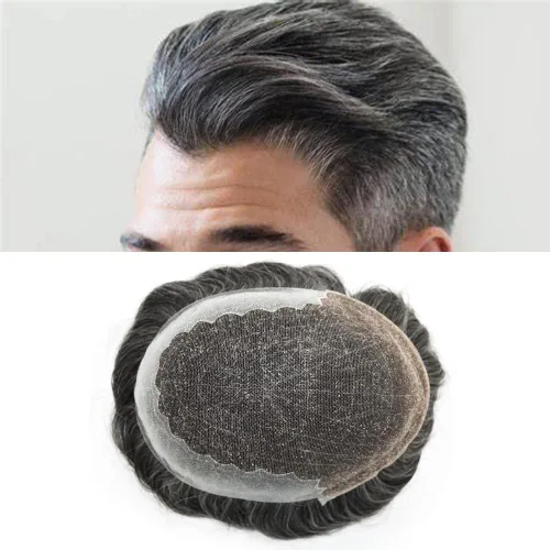 Miniatura 52 de Toupee para hombres pieza de pelo suave suizo encaje real sistema de cabello humano reemplazo blanqueado nudo mens tupé sistema de pelo para hombres