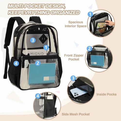 Miniatura 8 de MUSEVOS Mochila transparente, resistente bolsa de libros transparente para escuela, universidad de PVC transparente aprobado por estadios, Negro