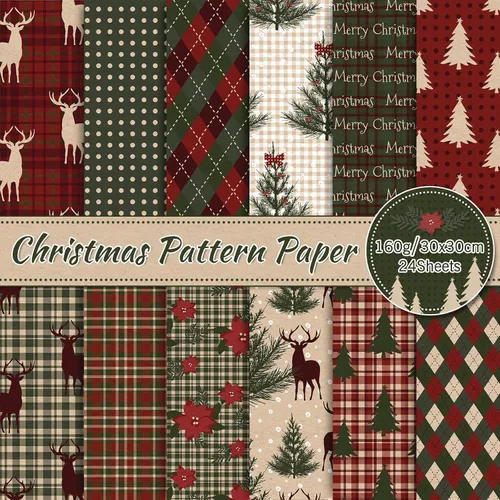 Miniatura 8 de Whaline 24 hojas de papel con patrón de Navidad, papel de cuadros para bosque, papel especial para álbum de recortes, doble cara, para manualidades