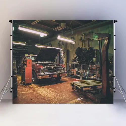 Miniatura 12 de Fondos de garaje antiguos para fotografía de 5 x 3 pies, fondos de reparación de automóviles temáticos para fiesta de fotos y accesorios de estudio
