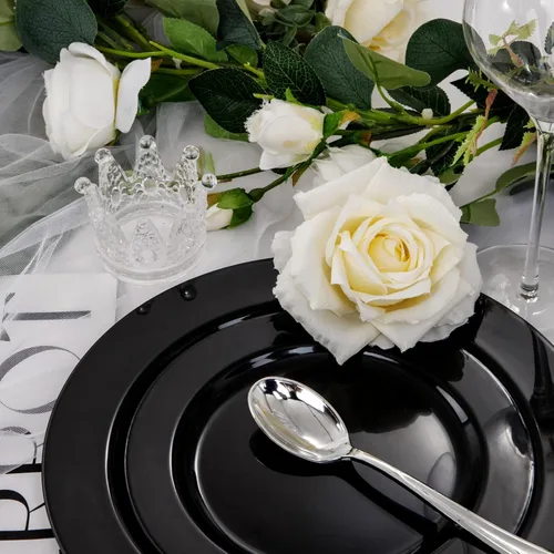 Miniatura 3 de FLOWERCAT 100 platos de plástico negro, platos desechables negros resistentes para fiesta de cumpleaños, boda, día del padre, para 50 invitados