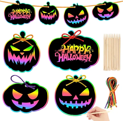 JULMELON Kit de manualidades de papel para rascar de Halloween de 36 piezas, lote de calabazas de Halloween, arte mágico de arco iris para rascar