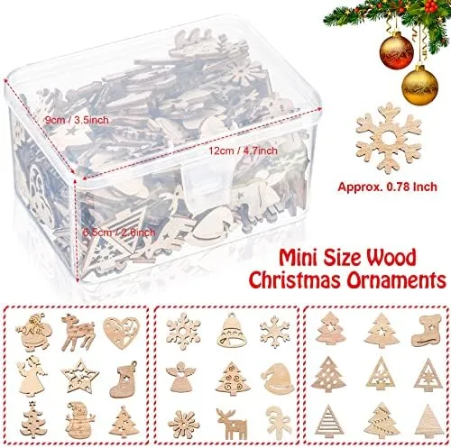 Miniatura 3 de 200 piezas de mini adornos de madera sin terminar, Halloween, Navidad, bricolaje, mini recortes de madera en blanco con caja de almacenamiento