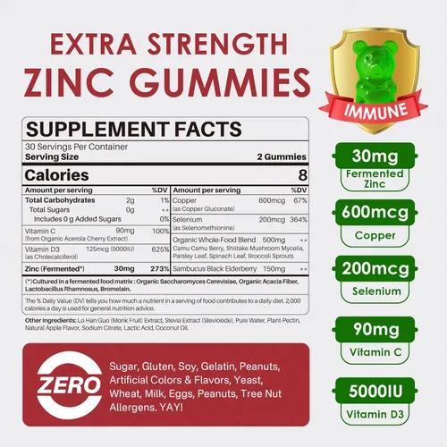Miniatura 2 de Gomitas de zinc + cobre, selenio, vitamina C y D3, suplementos de zinc fermentados para mujeres y hombres con saúco, gomitas inmunes diarias