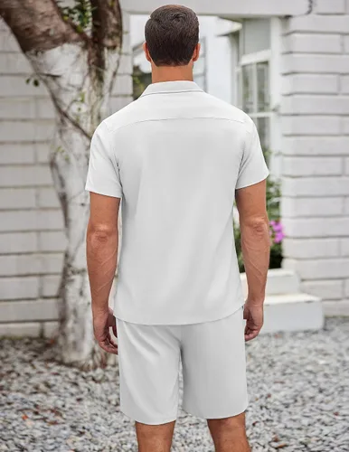 Miniatura 4 de COOFANDY Conjunto de 2 piezas para hombre, camisas de manga corta con botones, trajes casuales de playa