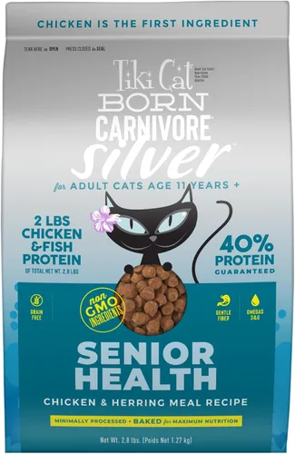 Tiki Cat Born Carnivore Silver, Senior Health, Receta de comida de pollo y arenque, apoyo inmunológico con croquetas horneadas para maximizar los