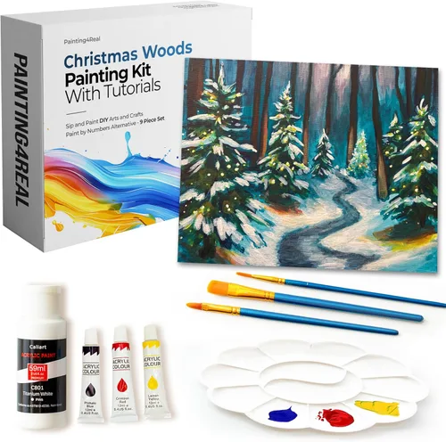 Kit de Pintura DIY Painting4Real para Adultos – Aprende a Pintar Bosques Navideños con Tutoriales en Vídeo – Juego de Pintura Acrílica de 9 Piezas