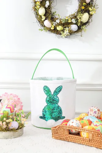 Miniatura 2 de Cestas de Pascua para niños – Cestas de caza de huevos de Pascua para niños y niñas, bonita cesta de regalo de lona impresa de conejo de lentejuelas