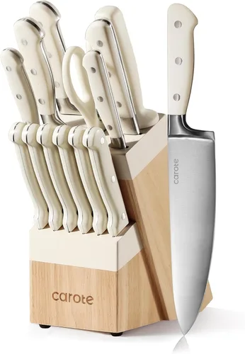 CAROTE Juego de cuchillos de 14 piezas con bloque, forjado, acero inoxidable de alto carbono, juego de cuchillos de bloque de hoja afilada,