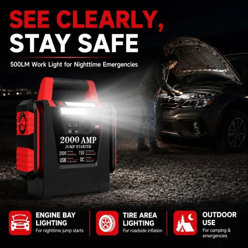Miniatura 5 de Arrancador con compresor de aire, arrancador de batería de coche de 2000A, inflador de neumáticos de 260 PSI, amplificador de batería de plomo-ácido