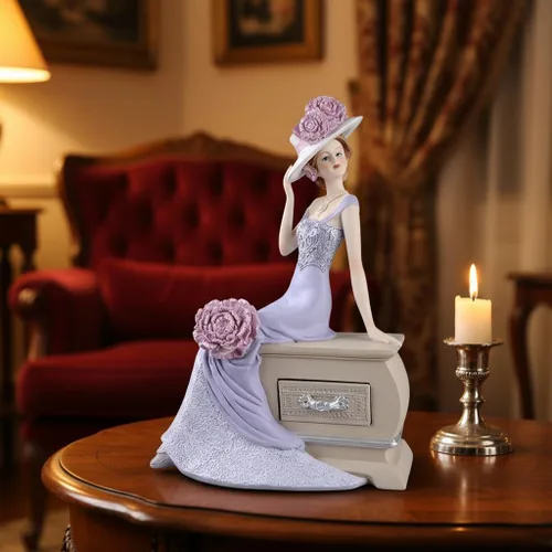 Miniatura 6 de Comfy Hour Figura de vestido de dama victoriana en lavanda, elegante estatua de mujer sentada en la base decorativa del pecho, acento de decoración