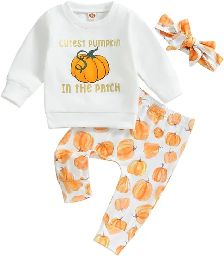 Ropa de invierno para bebé niña, sudadera de cuello redondo con diseño de calabaza, pantalones deportivos de flores, diadema para niños pequeños,